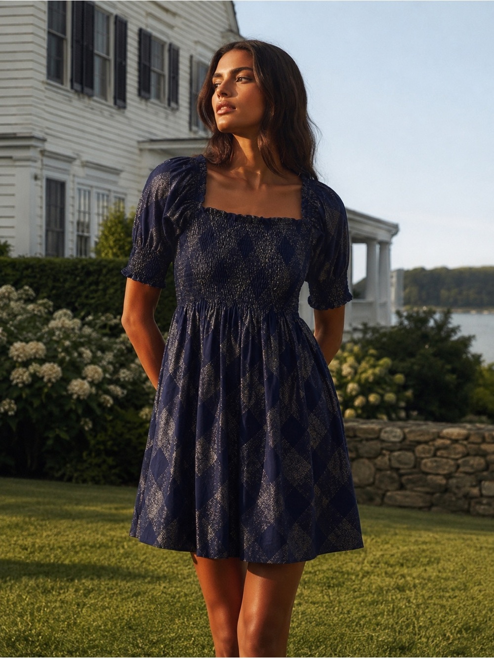 Hill House Home Navy Metallic Plaid Smocked Mini Dress XS | New England Chic